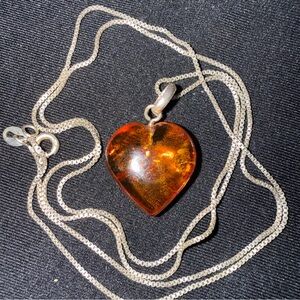 Amber Heart Pendant Necklace DANECRAFT STERLING Silver Chain 24”
